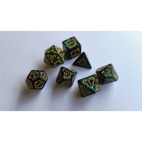   RPG dobókocka keszlet arany pöttyökkel és számokkal, sárkányos díszítéssel