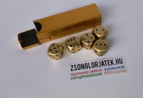 Különleges arany színű 5 darabos dobókockakészlet díszdobozban, fém kivitel, nehéz súlyú K6 D6