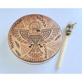 Táltos dob verővel (báránybőr, madaras minta, 25 cm)